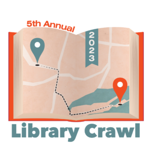 5th Annual Library Crawl logo: A ruddy red book opens to a GPS map with a blue start-location map pin and a ruddy red destination map pin. A dotted line draws a path between the two. Each pin represents a library on the crawl. A blue ribbon hangs as a bookmark between the pages, and the ribbon reads "2023." The words "5th Annual Library Crawl" site above and below the book.